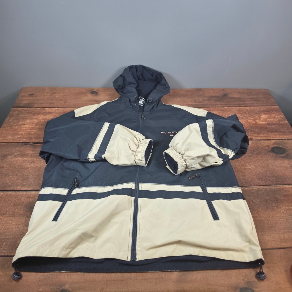 Souvenir Windbreaker Jacket Mens XL Navy Tan Good Boothbay Harbor Maine Hooded